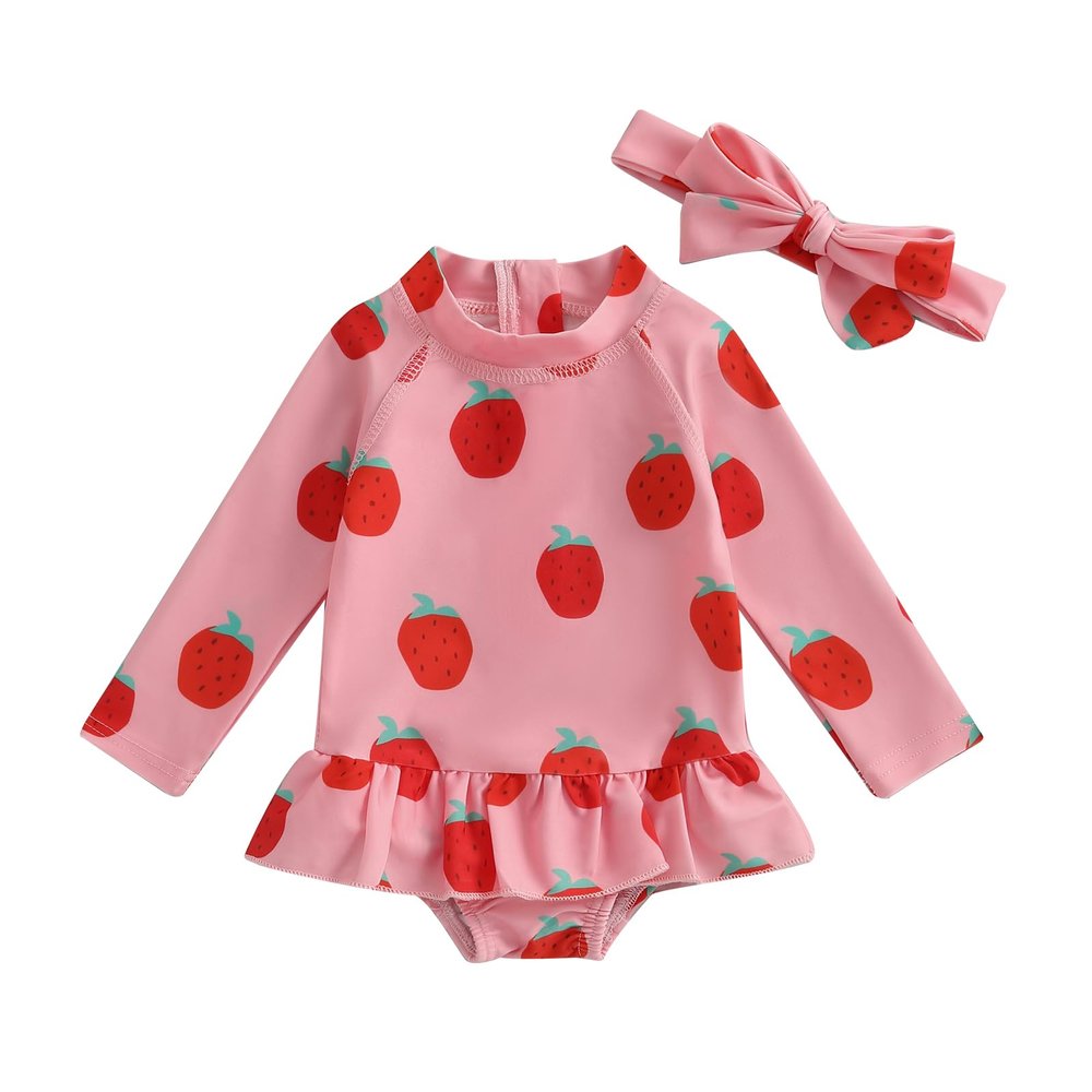 Baby Girl Rash Guard Swimsuit Long Sleeve Strawberry Print Bathing Suit Infant Swimwear with Headband (Red, 2-3 Years)