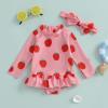 Baby Girl Rash Guard Swimsuit Long Sleeve Strawberry Print Bathing Suit Infant Swimwear with Headband (Red, 2-3 Years) view 2