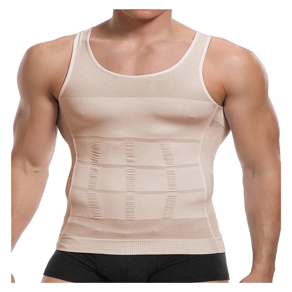 HDNSAUD Mens Slimming Body Shaper Vest Shirt Gym Workout Tummy Compression Tank Top Shapewear(Beige,XL)