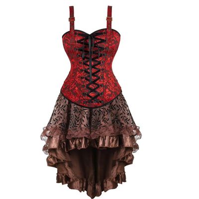 Jutrisujo Steampunk Corset Dress Bustier Top Skirt with Tutu Set Plus Size Vintage Lace up Gothic Costume Halloween Red Brown XS
