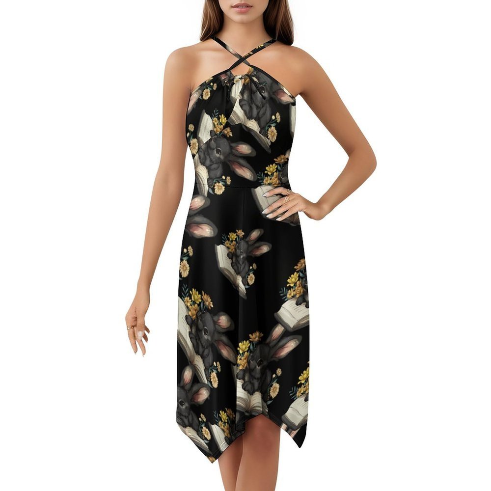 Black Rabbit Book Dresses for Women Printed Cross Backless Mini Dress Wedding Party Short Dresses M