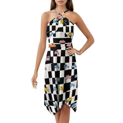 Black And White Checkered Car Dresses for Women Printed Cross Backless Mini Dress Wedding Party Short Dresses XL