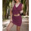 Women Crochet 2 Piece Sets Swim Cover Up V Neck Sleeveless Front Tie Crop Tops Beach Mini Skirt Set Wine Red view 3