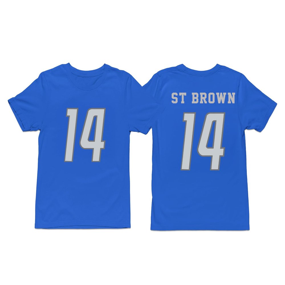 Amon-Ra St. Brown #14 Detroit Football Shirt Jersey 100% Cotton (US, Alpha, Medium, Blue Alternate)
