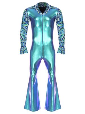 ACSUSS Mens 70s Hippie Disco Costume Shiny Full Body Romper Jumpsuit Music Party Jazz Costume Blue 4X-Large