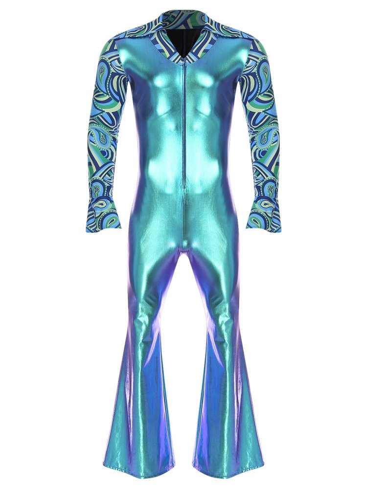 ACSUSS Mens 70s Hippie Disco Costume Shiny Full Body Romper Jumpsuit Music Party Jazz Costume Blue 4X-Large