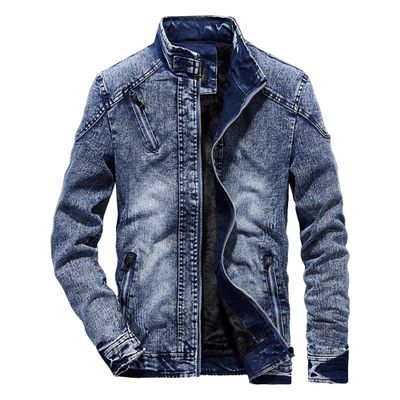 QOAAIE Men's Stand Collar Retro Denim Jackets Mock Neck Zipper Cowboys Coats Fall Winter Slim Fit Plush Lined Outwear (Blue,3X-Large)