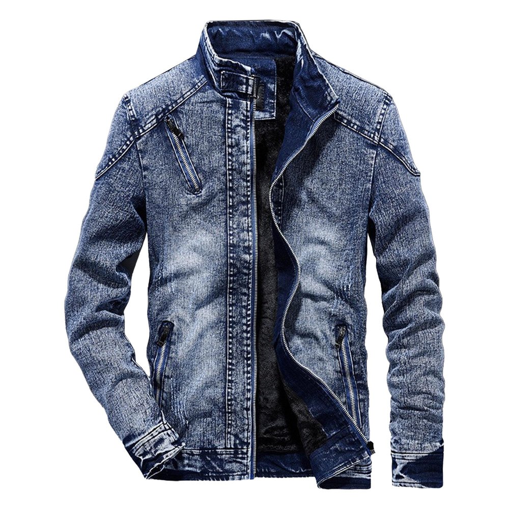 QOAAIE Men's Stand Collar Retro Denim Jackets Mock Neck Zipper Cowboys Coats Fall Winter Slim Fit Plush Lined Outwear (Blue,3X-Large)