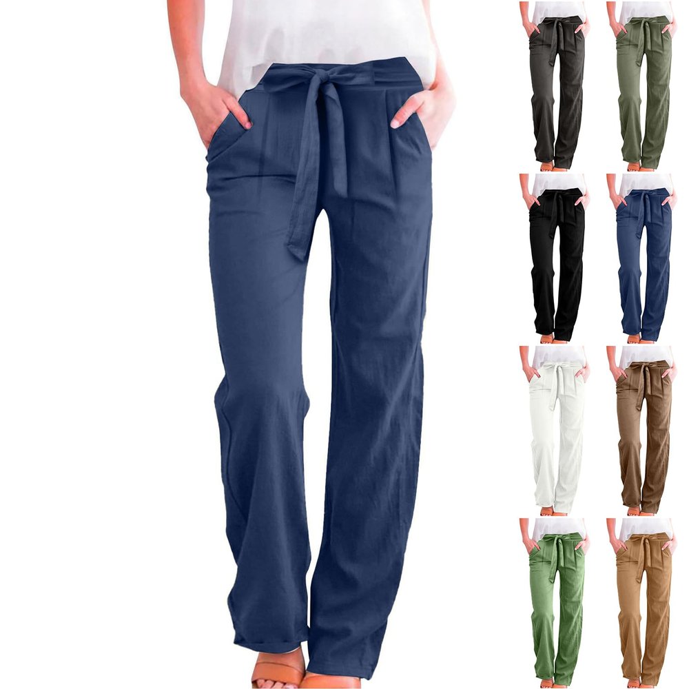 Wide Leg Linen Pants for Women Baggy Lightweight Casual Pants High Waist Drawstring Palazzo Pants Trousers w/Pockets Wedding Pant Suits Jogger Scrubs for Women Stretchy Dress Pants for Women