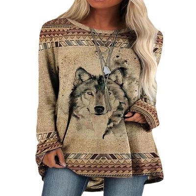 Bengbobar Native American Aztec Print Pullover Western Sweatshirts for Women Long Sleeve Crewneck Sweatshirt Vintage Graphic Shirts Loose Fit Casual Tops Wolf bu-S