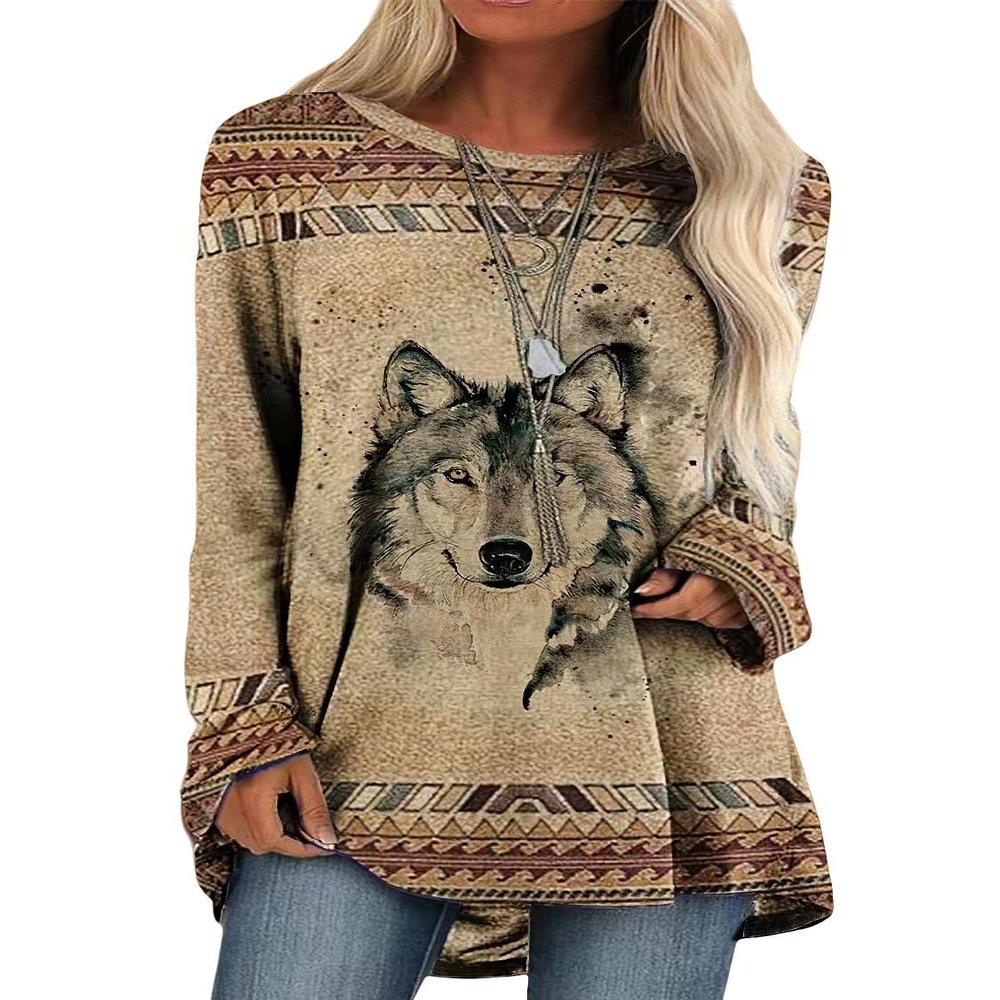 Bengbobar Native American Aztec Print Pullover Western Sweatshirts for Women Long Sleeve Crewneck Sweatshirt Vintage Graphic Shirts Loose Fit Casual Tops Wolf bu-S
