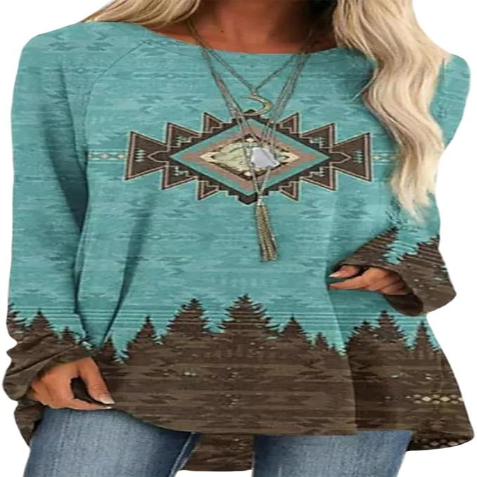 Bengbobar Native American Aztec Print Pullover Western Sweatshirts for Women Long Sleeve Crewneck Sweatshirt Vintage Graphic Shirts Loose Fit Casual Tops Long Blue az-3XL