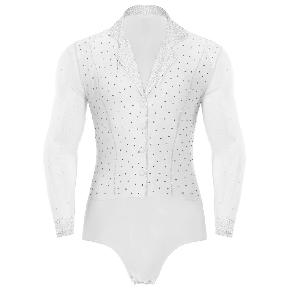 LNJMRU Mens Latin Ballroom Dance Leotard Costume Lapel Collar Sheer Mesh Patchwork Long Sleeve Sparkly Rhinestone Bodysuit(White,XL)