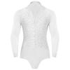 LNJMRU Mens Latin Ballroom Dance Leotard Costume Lapel Collar Sheer Mesh Patchwork Long Sleeve Sparkly Rhinestone Bodysuit(White,XL) view 1