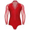 LNJMRU Mens Latin Ballroom Dance Leotard Costume Lapel Collar Sheer Mesh Patchwork Long Sleeve Sparkly Rhinestone Bodysuit(White,XL) view 2