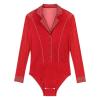 LNJMRU Mens Latin Ballroom Dance Leotard Costume Lapel Collar Sheer Mesh Patchwork Long Sleeve Sparkly Rhinestone Bodysuit(White,XL) view 4