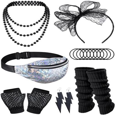 Missanabie 80S Fancy Dress Costume Accessories Bag Headband Errings Fishnet Gloves Necklace Bracelt Leg Warmers Party Outfit Set(BK)