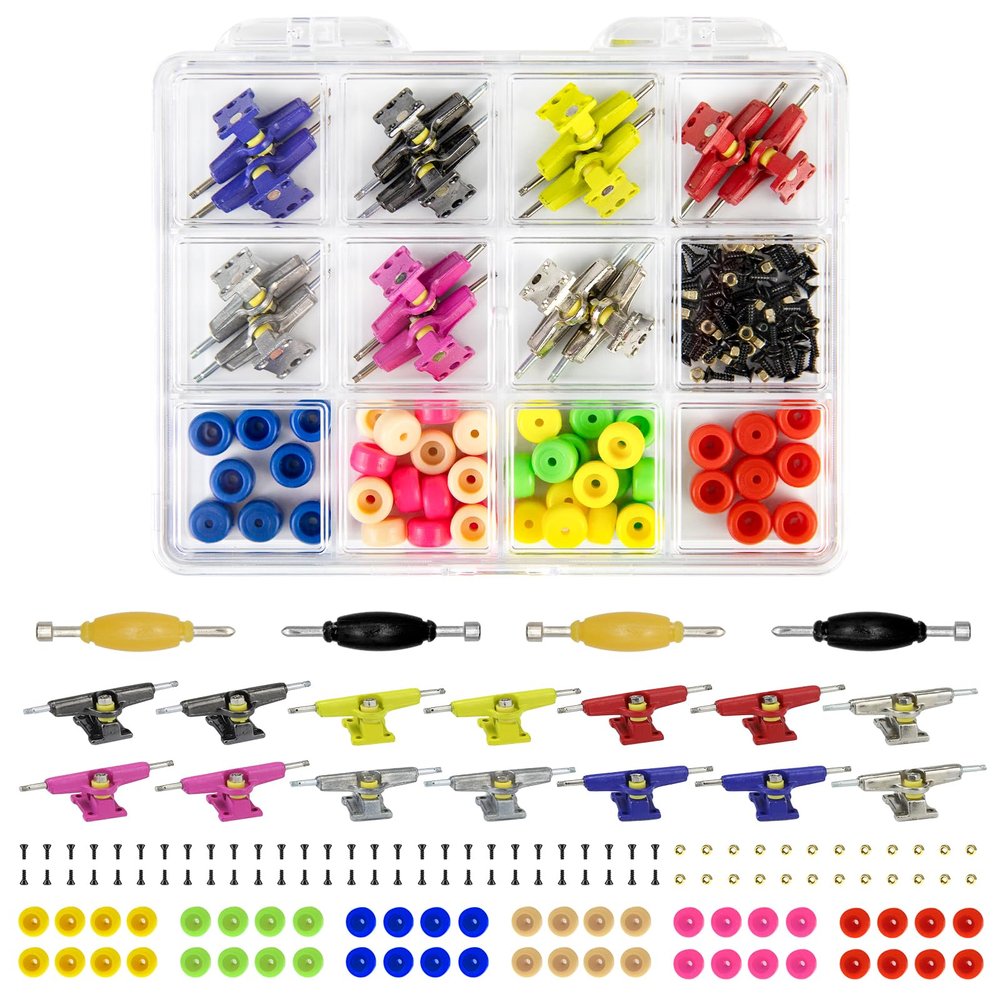DisplayMore 14Pcs Multicolour Trucks 48Pcs Wheels 60Pcs Screws & 30PCS Nuts & 4PCS Spanner Tool for 96mm Fingerboard Skateboard Wooden Deck Parts