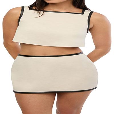 WEWOREWHAT-Leather Trim Cropped Top-Linen/Vegan Leather-Ivory/Black-S