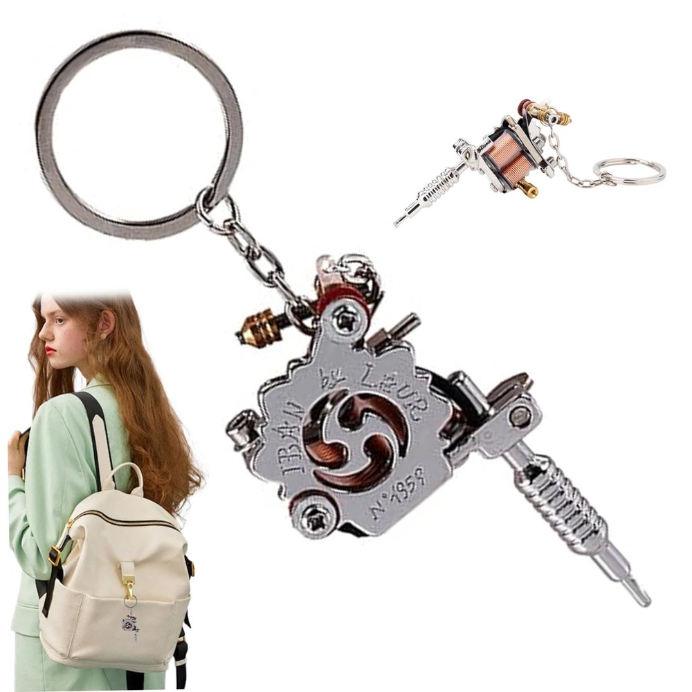 Licsaliwe Keychain Mini Tattoo Machine Fashionable Silver Key Chains for Men Portable Tattoo Gun Model Trendy Keychain Accessory for Pendant Necklace Ornament