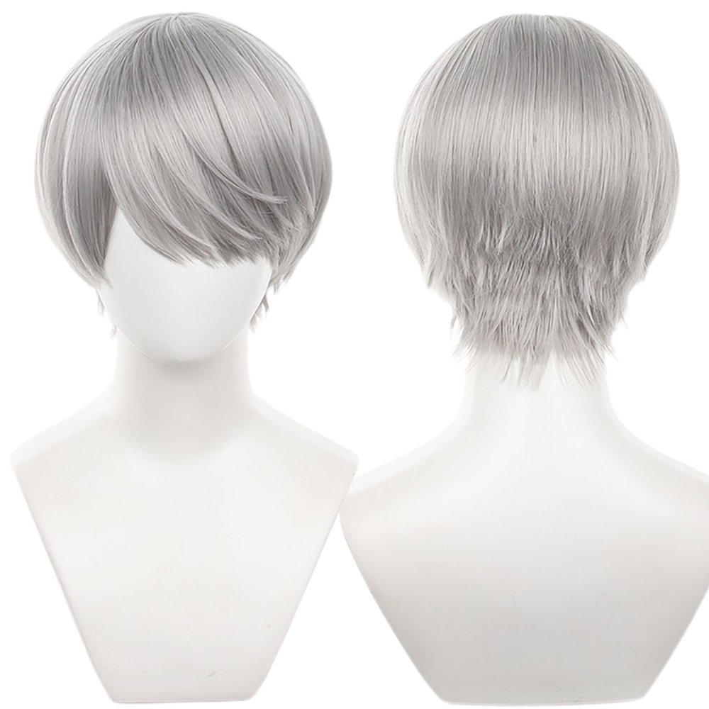maysuwell Silver White Cosplay Wig Wigs Short Straight Hair with Bangs for Men Anime Cos Perfect for Halloween Party