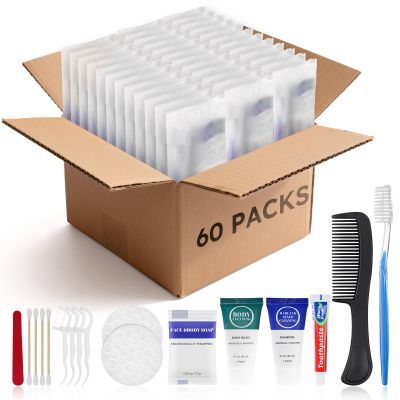 Toiletry Kits Travel Essentials Disposable Hygiene Bulk 8-in-1 (60-Pack)