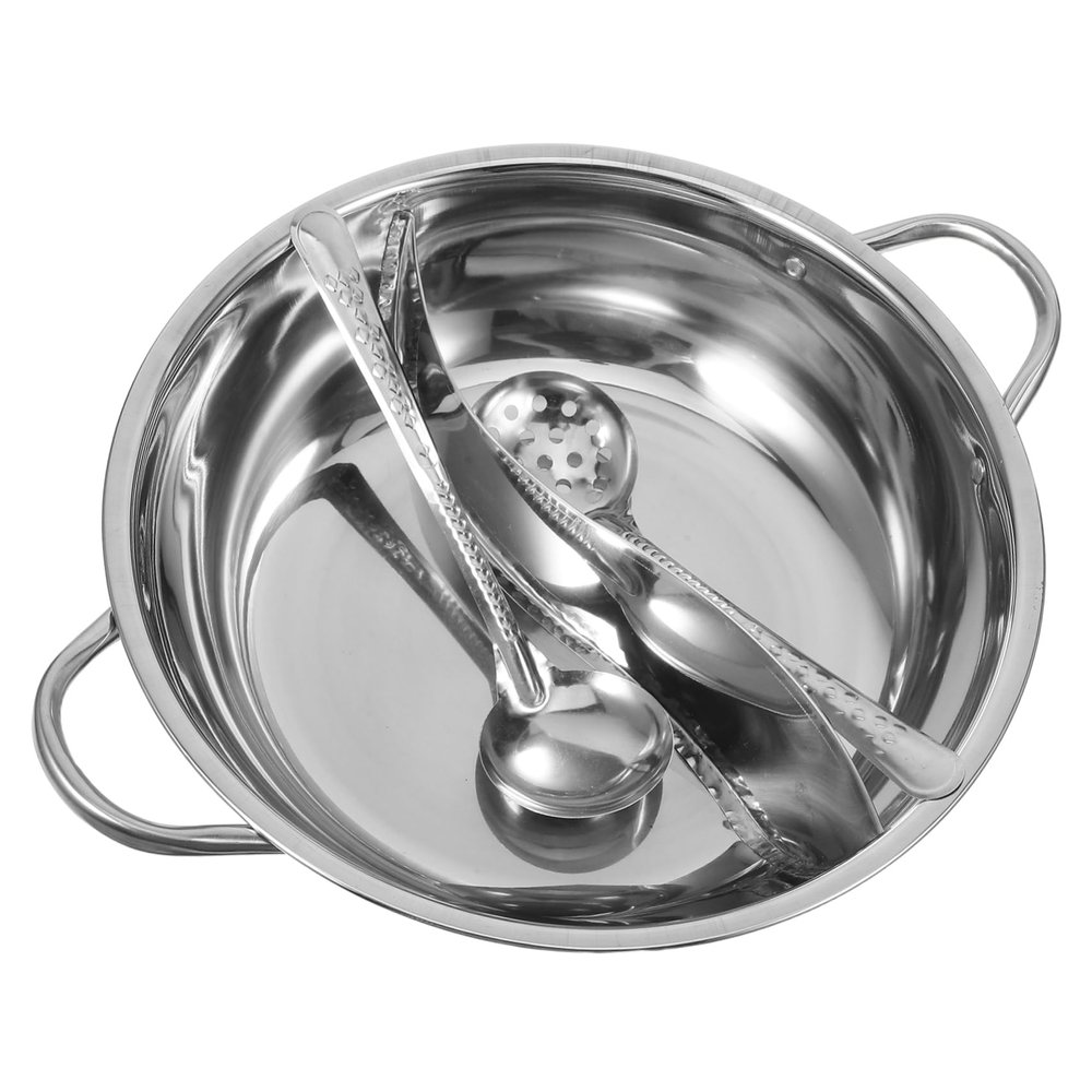 Divided Hot Pot Pan with Ladle and Strainer Stainless Steel
