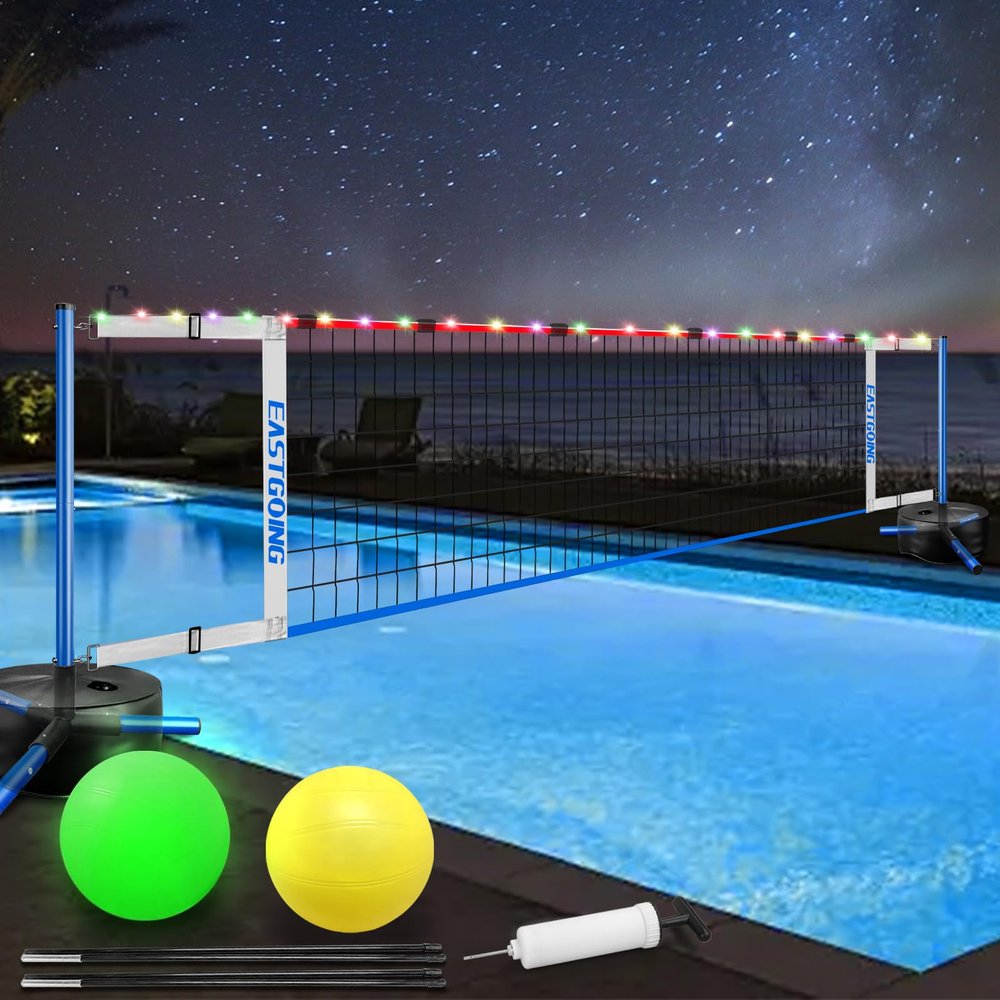 2026 Upgraded Eastgoing Pool Volleyball Net Set with Light,Adjustable Length 15-25FTSwimming Pool Volleyball Net System with 2 Water Volleyballs and Heavy Duty Base.