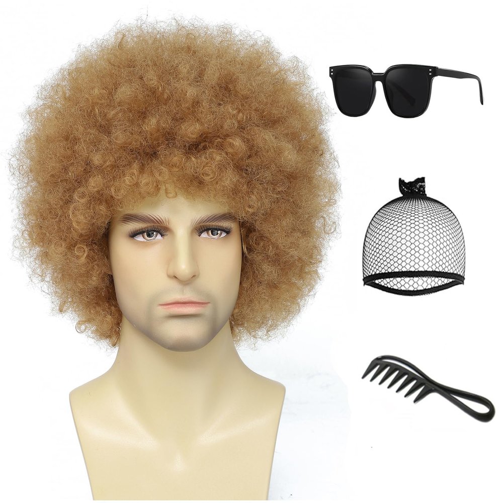 Cariniss 70s Disco Afro Wig - Unisex Large Curly Wig for Men & Women, Perfect for Halloween, Cosplay, Retro Party, Disco & Bob Ross Costume (Light Brown)