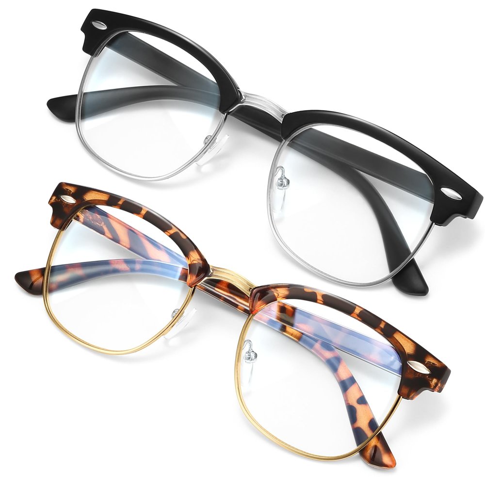racico Blue Light Glasses for Men Computer - Gaming Blocking Anti Eyestrain UV Clear Lens Vintage Half Frame Fake Eyeglasses