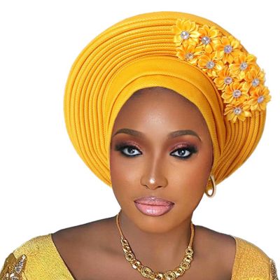 Pre-Tied Nigerian Auto Gele Head Tie African ASO Oke Headwrap Handmade Turban Hat Cap for Women Wedding Party (US, Alpha, One Size, Gold)
