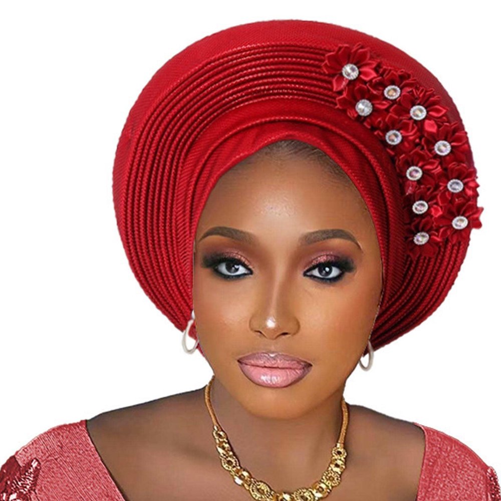 Pre-Tied Nigerian Auto Gele Head Tie African ASO Oke Headwrap Handmade Turban Hat Cap for Women Wedding Party (US, Alpha, One Size, Burgundy)