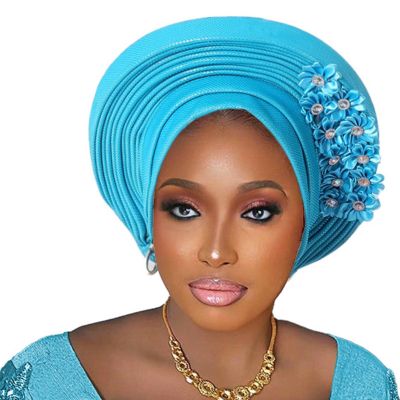 Pre-Tied Nigerian Auto Gele Head Tie African ASO Oke Headwrap Handmade Turban Hat Cap for Women Wedding Party (US, Alpha, One Size, Teal Blue)