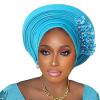 Pre-Tied Nigerian Auto Gele Head Tie African ASO Oke Headwrap Handmade Turban Hat Cap for Women Wedding Party (US, Alpha, One Size, Teal Blue) view 1