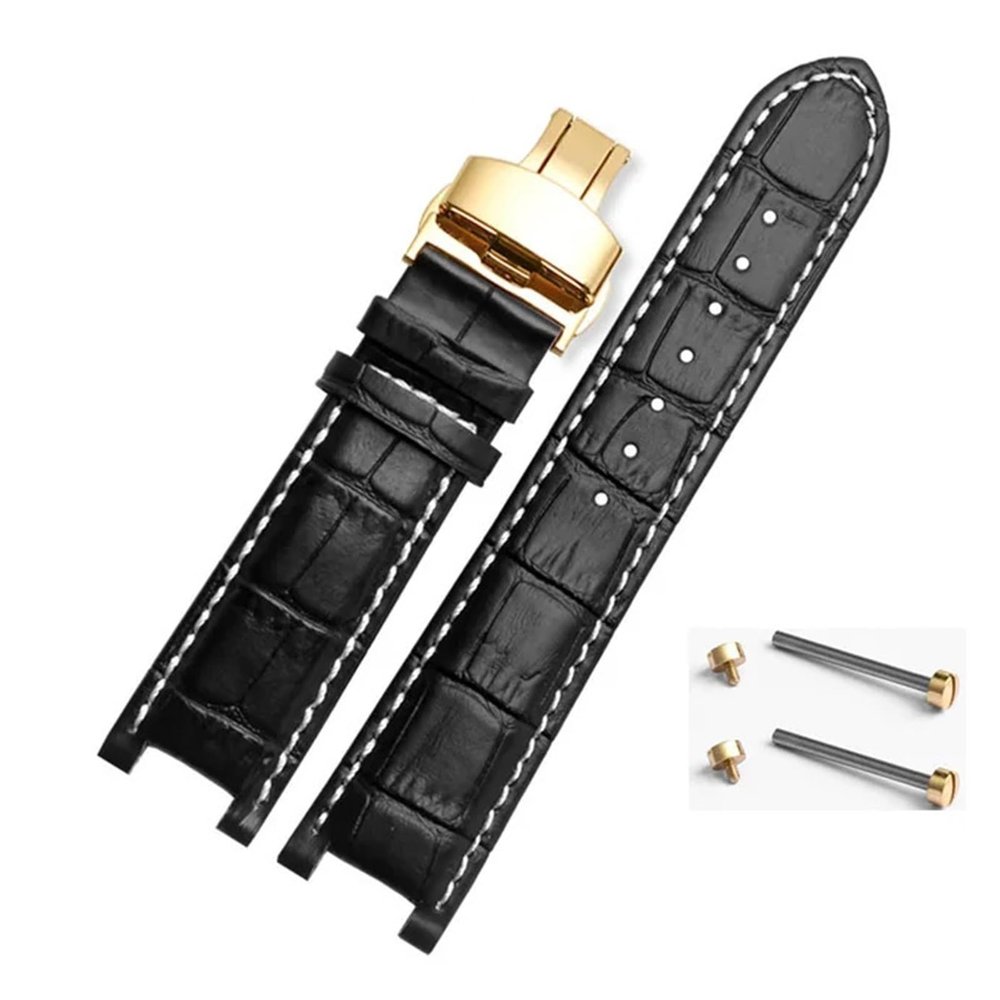 HMFang Notched Leather Watch Strap 20 * 11mm 22 * 13mm Compatible With GC Passa Genuine Lleathe Waterproof Watch Chain Men Women(Black-white-gold,22x13mm)