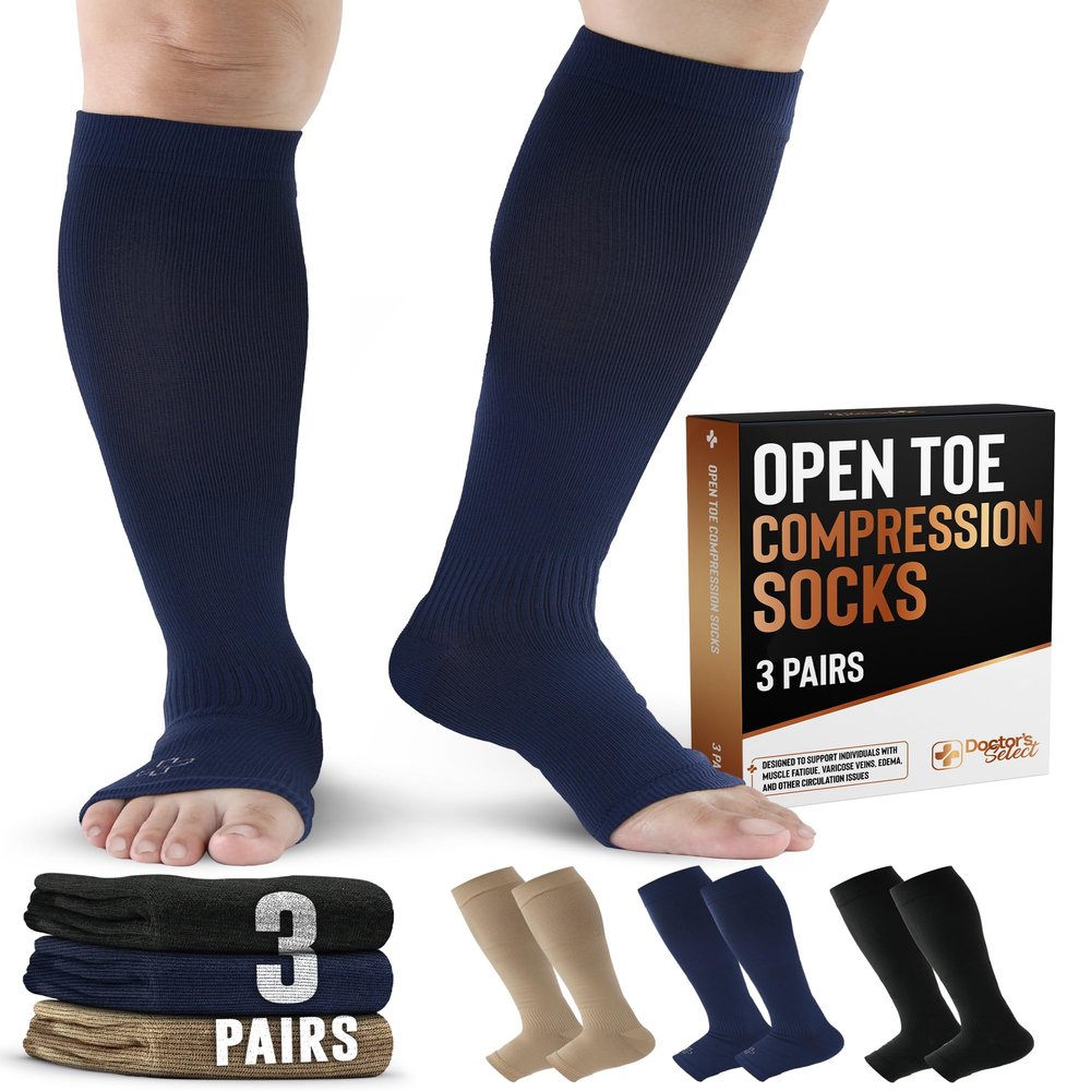 Doctor's Select 3 Pairs Copper Toeless Compression Socks for Men - 20-30 mmHg Open Toe Compression Socks Women, Toeless Socks, Knee High, Black, Tan, Navy Blk/Tn/Nvy