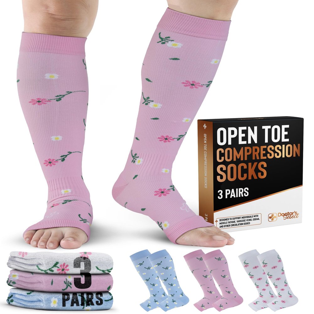 Doctor's Select 3 Pairs Copper Toeless Compression Socks Women & Men - 20-30 mmHg Open Toe Compression Socks Women, Knee High, Flowers