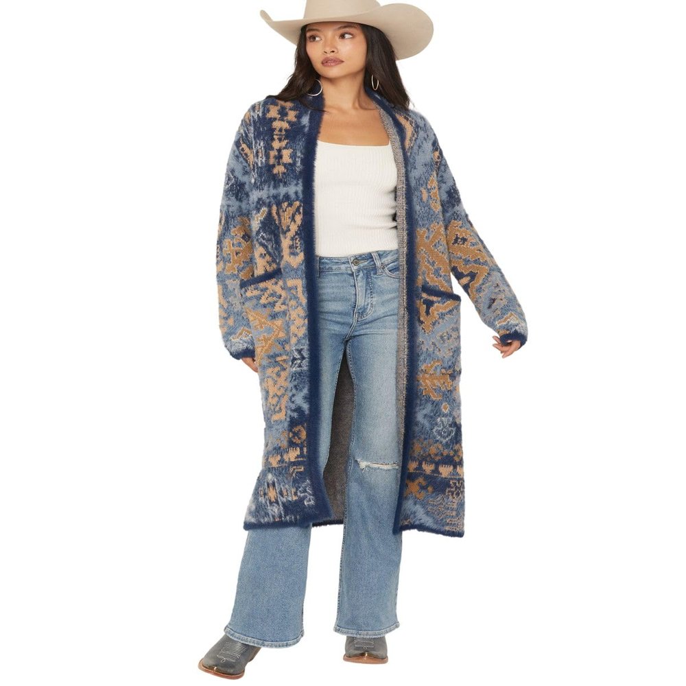 Shyanne Women's Women'S Southwestern Print Eyelash Yarn Duster Navy US