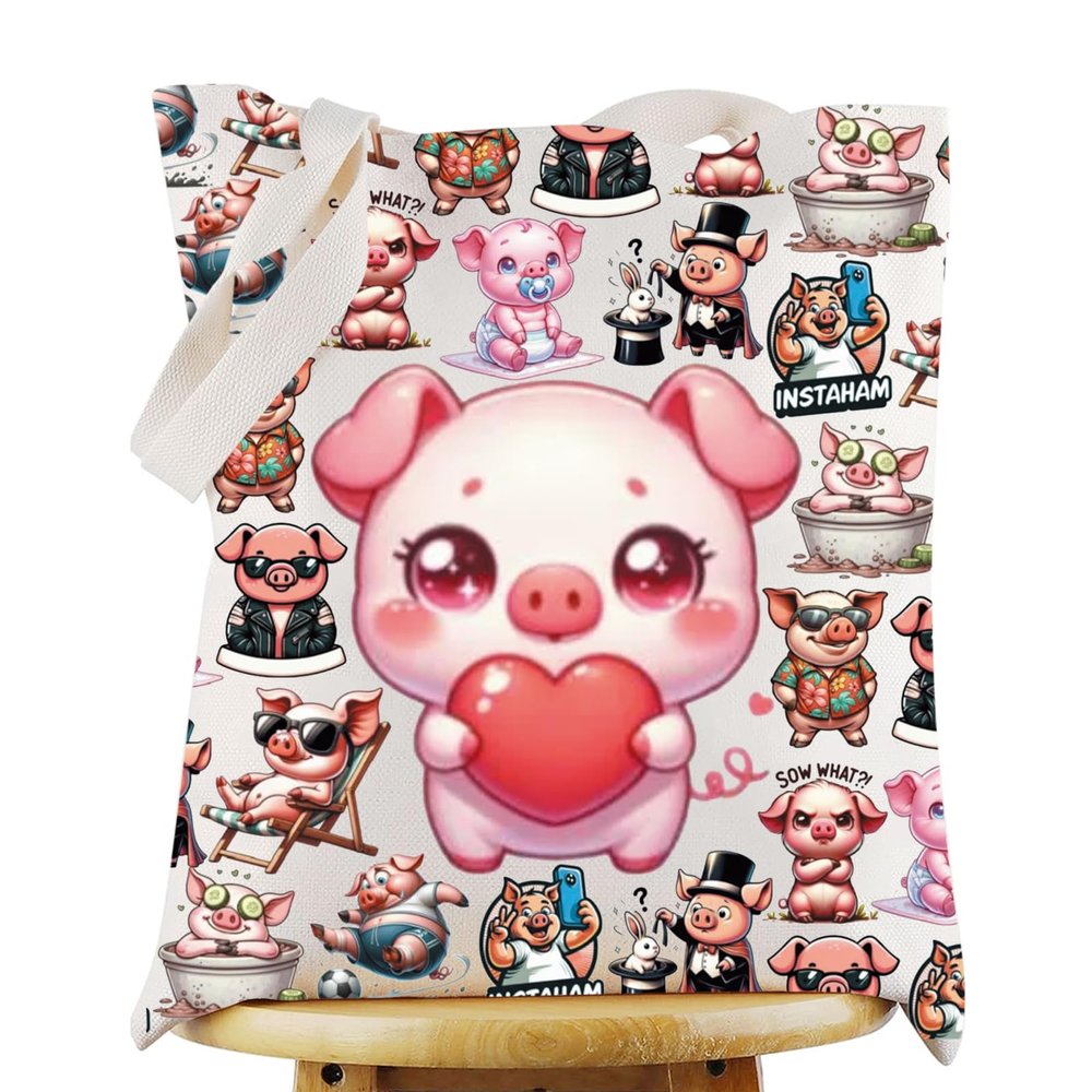 G2TUP Funny Pig Canvas Tote Bag Pigs Lover Gift Animals Themed Shoulder Bag Pig Animals Merch (Pig TG)