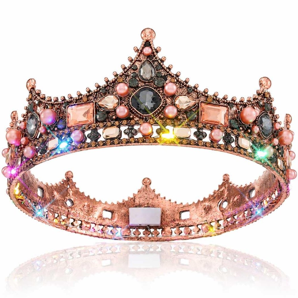 Brishow Rose Gold King Crown for Men Women Light Up Queen Crown Crystal Baroque Royal Crown Black Rhinestone Hair Accessories