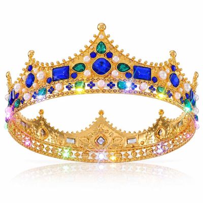 Brishow Gold King Crown for Men Women Light Up Queen Crown Crystal Baroque Royal Crown Blue Green Rhinestone Hair Accessories