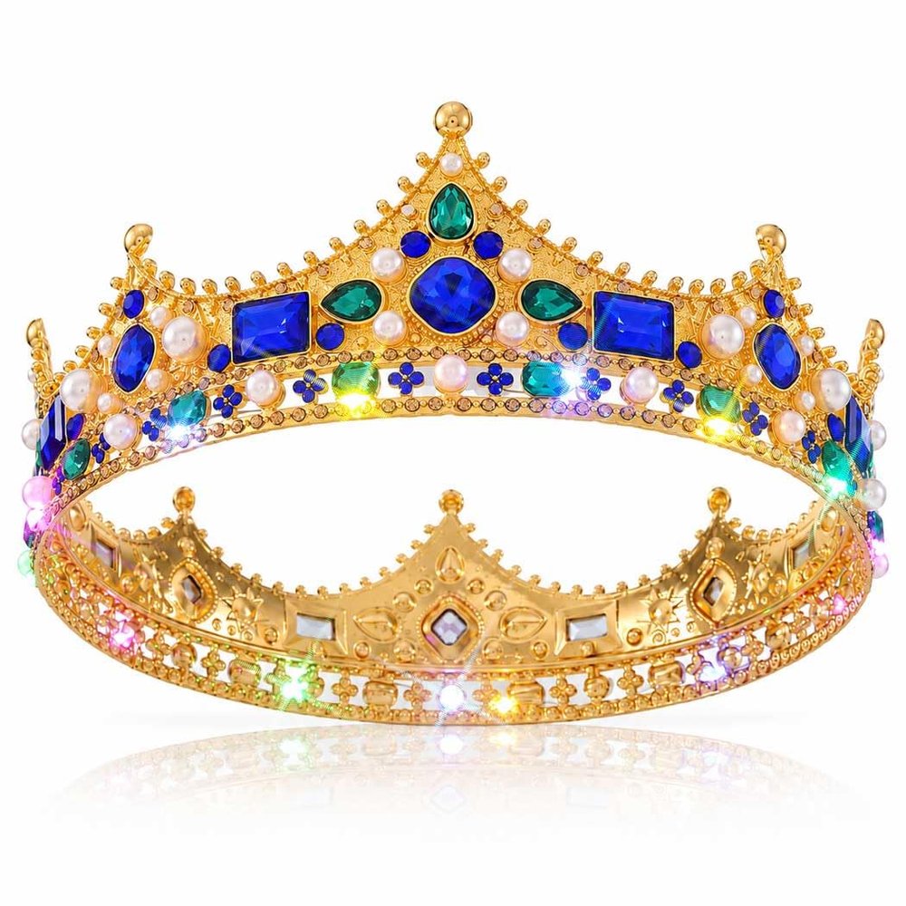 Brishow Gold King Crown for Men Women Light Up Queen Crown Crystal Baroque Royal Crown Blue Green Rhinestone Hair Accessories