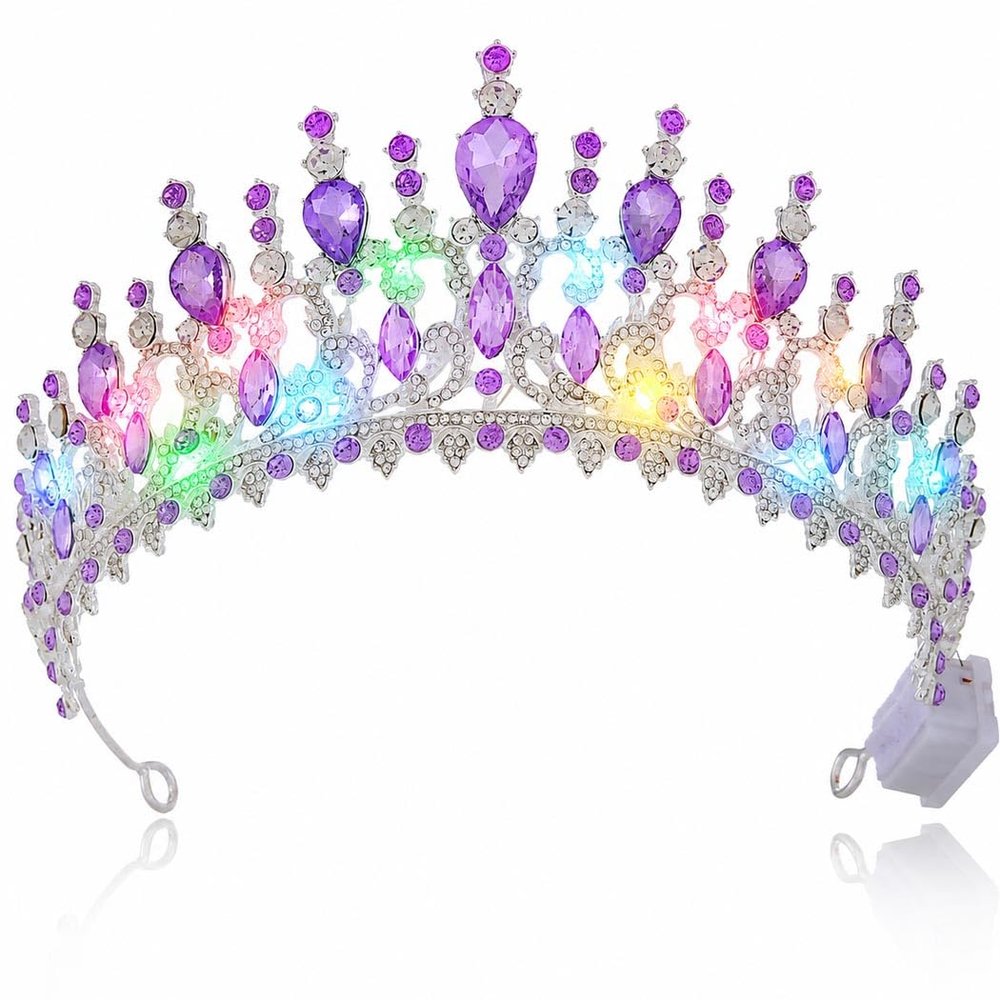 Brishow Light Up Princess Purple Crystal Tiara Rhinestones Crown Silver Sparkly Queen Crown Glowing Pageant Hair Piece for Women