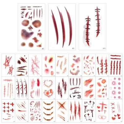 30 Sheet Halloween Stickers for Adults, Realistic Wound Scar Tattoo Stickers Waterproof Temporary Fake Injury Tattoos for Costume Party, C