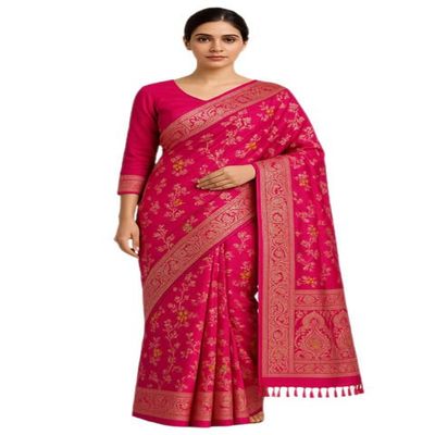 Banarasi Dola Silk Pre-Pleated Saree with Blouse Sizes 36 to 44 (Rani Pink, XXL)
