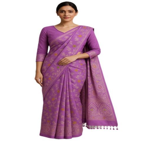 Banarasi Dola Silk Pre-Pleated Saree with Blouse Sizes 36 to 44 (Lavender Purple, XXL)