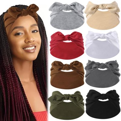 8 Pcs Stretchy Sport Headbands for Women Non Slip Headbands 9.4" Wide Knotted Bow Bunny Ears Headband, Stretch Turban Headwrap for Women
