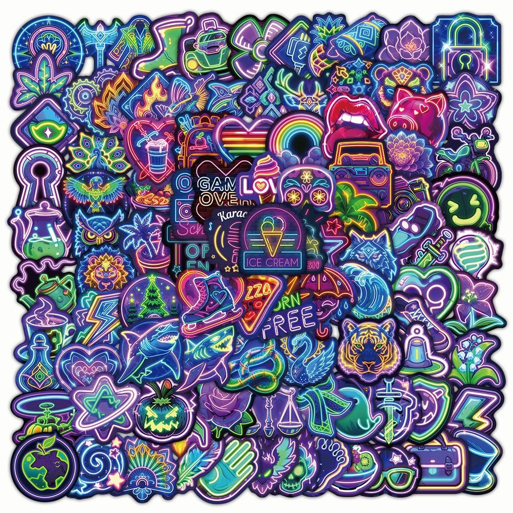 200 Pcs Neon Stickers Cool Neon Sticker for Adults Neon Aesthetic Vinyl Waterproof Stickers for Water Bottles Laptops Bike Scrapbooking Journaling
