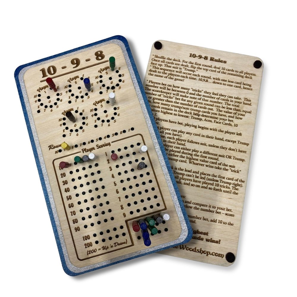 10-9-8 Oh Hell Scoreboard Handmade 3-Layer Baltic Birch Wooden Score Tracker with Pegs Tracks 5 Players, Includes Rules Engraved on Back