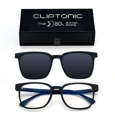 CLIPTONIC Blue Light Glasses with Magnetic Clip-On Sunglasses, True 80% Blue Light Blocking Clear Lens, Polarized UV400 Clip for Driving, Anti-Glare Computer Glasses, Lightweight TR90 Frame